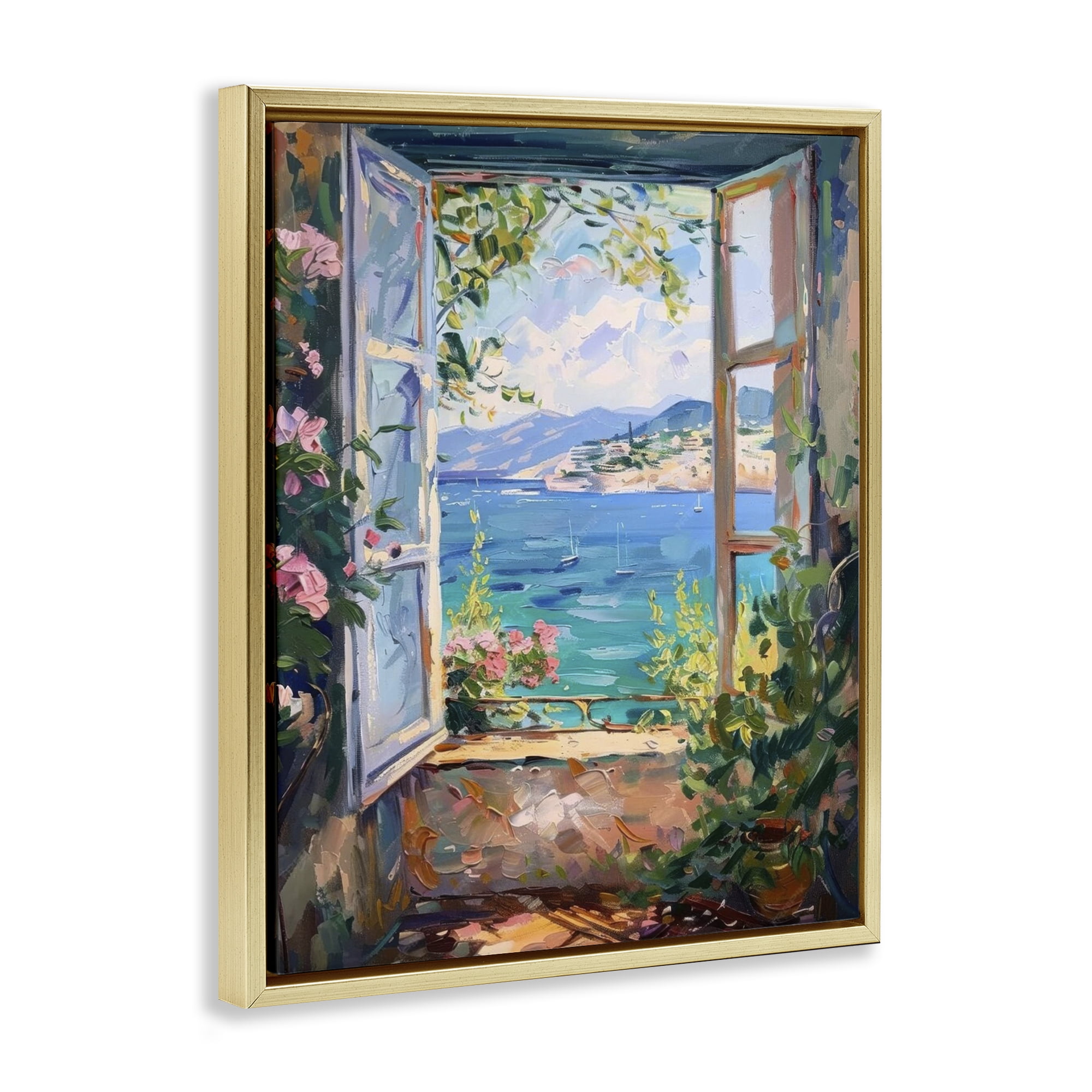 Stupell Industries Window Sea View Landscape & Nature Painting Gold Floater Framed Canvas Art Print Wall Art, 25 x 31