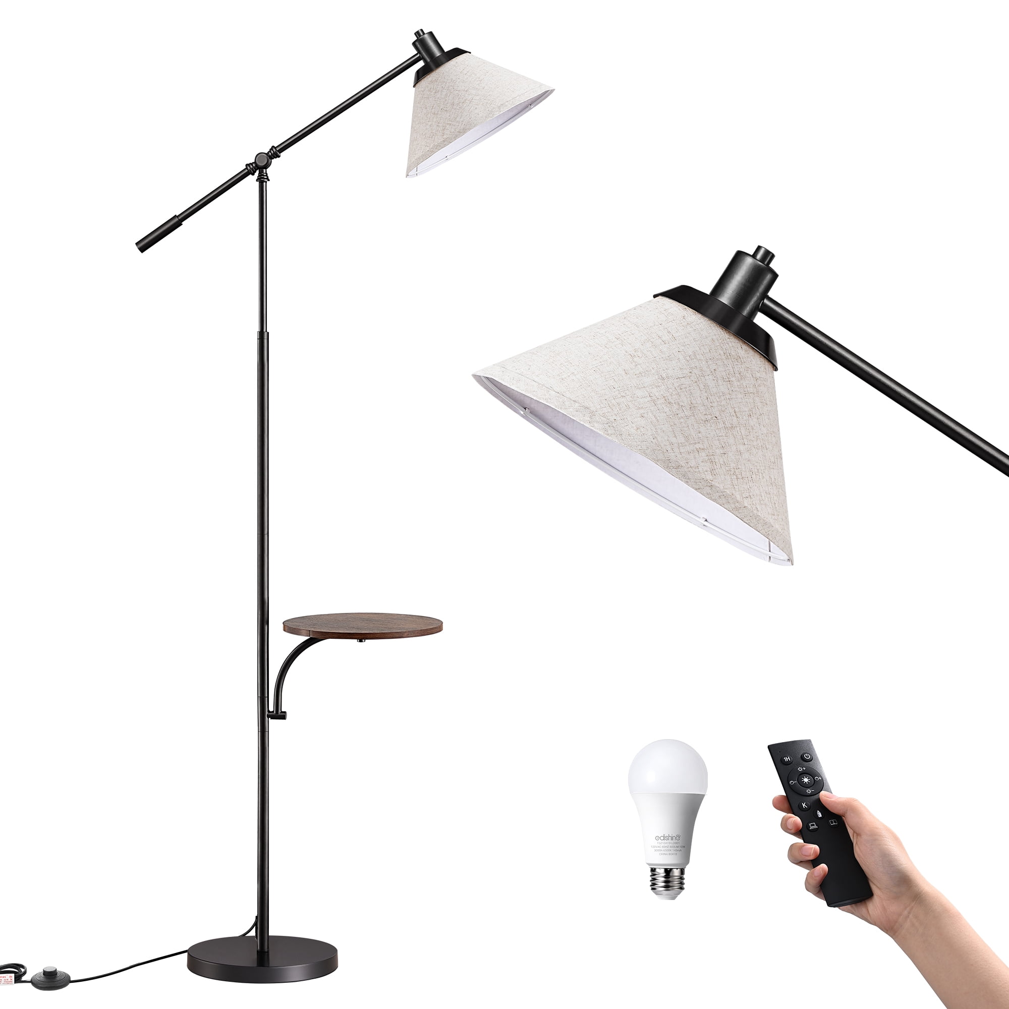 EDISHINE 68in Floor Lamp with Table for Living Room, Height Adjustable, 5CCT, Dimmable, Remote Contronl, Black, LED Light Bulb Included