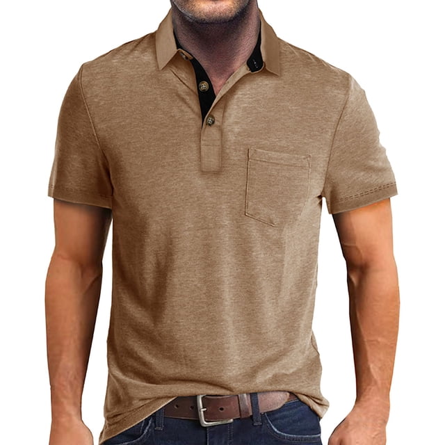 Men's Shirt for Summer and Spring | Solid Color Lapel Short Sleeve Button Neck Top with Striped Oversized T Shirt Style for Men