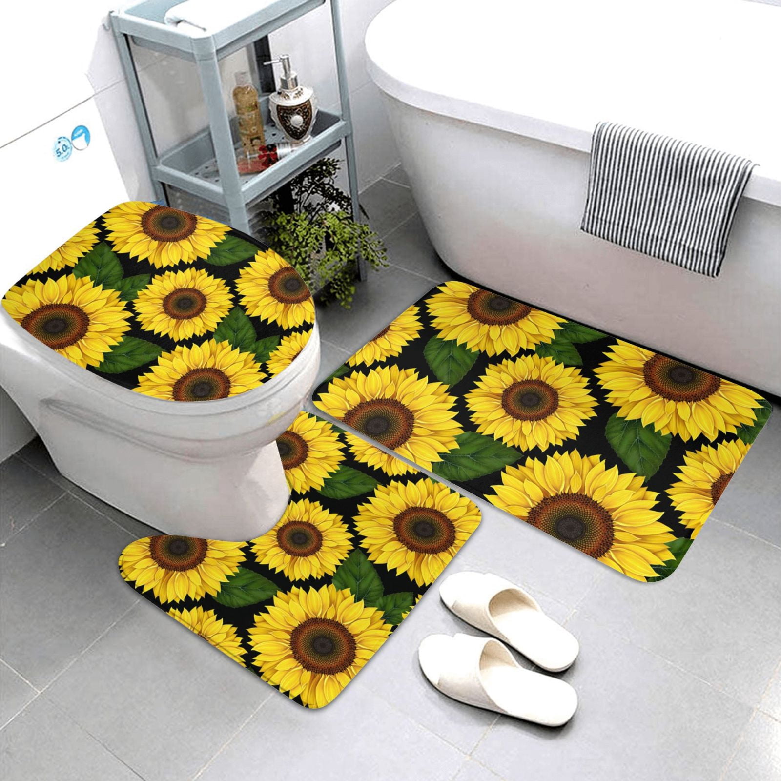 Bathroom Rugs Sets 3 Piece - yellow Sunflower Realistic Aesthetic Absorbent Non Slip Bath Mats, U-Shape Toilet Lid Cover, Contour Mat, Soft Washable Shower Mats Bath Rug Mat for Bathroom Tub Toilet