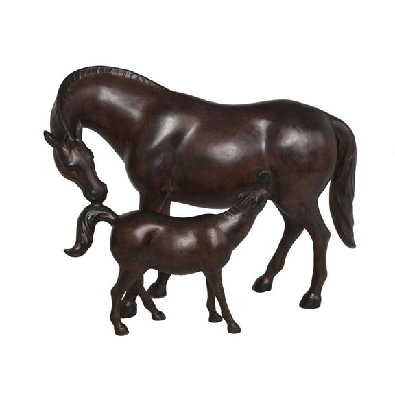 16" x 12" Dark Brown Polyresin Horse Sculpture with Mom and Baby, by DecMode