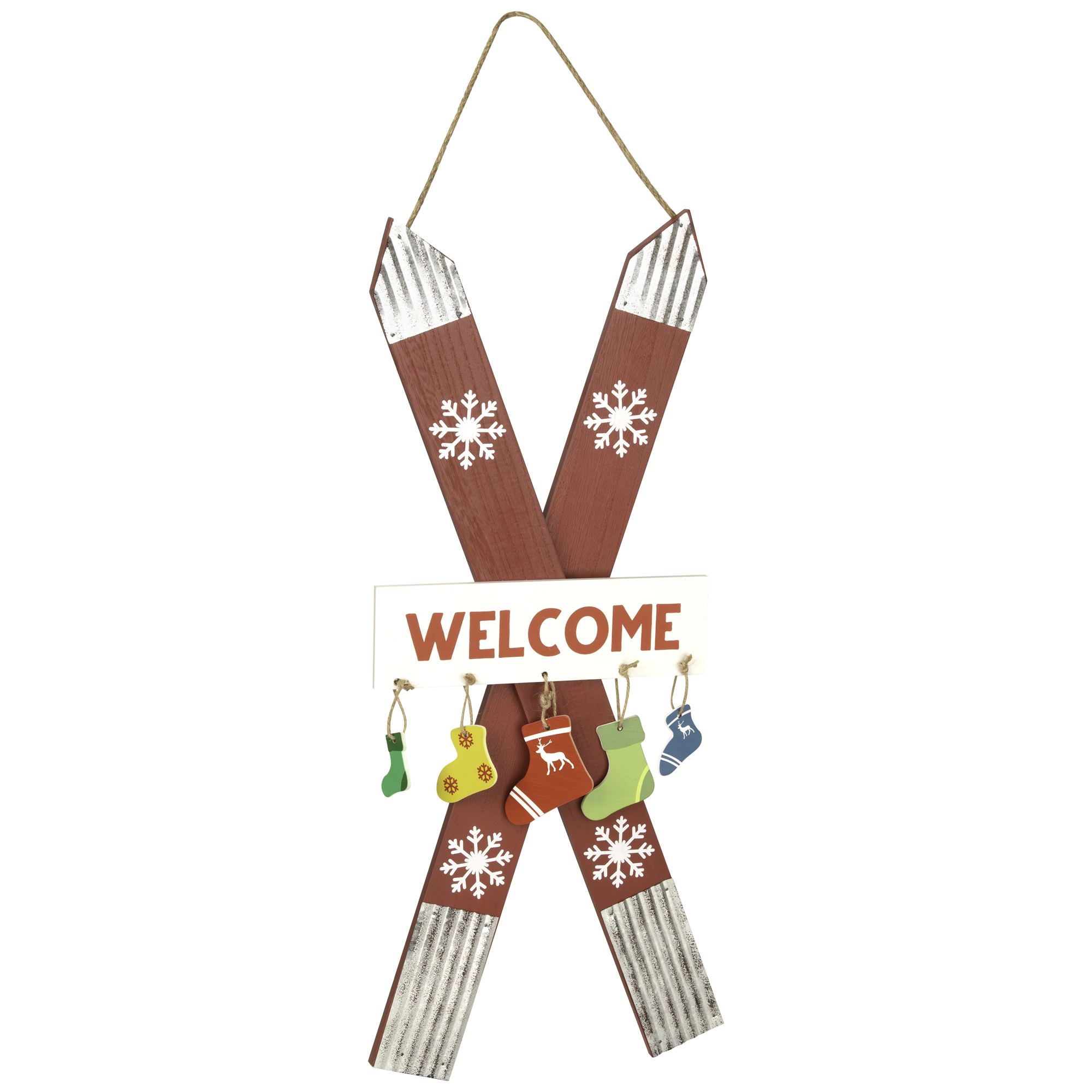 Northlight Wooden Welcome Skis with Christmas Stockings Hanging Decoration - 23.5"