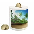 thumbnail image 2 of Ocean Piggy Bank, Beach Sunset Tranquil Tropical Sea Waves Coconut Palms Outdoors Photo, Ceramic Coin Bank Money Box for Cash Saving, 3.6" X 3.2", Pale Brown Green Blue, by Ambesonne, 2 of 4