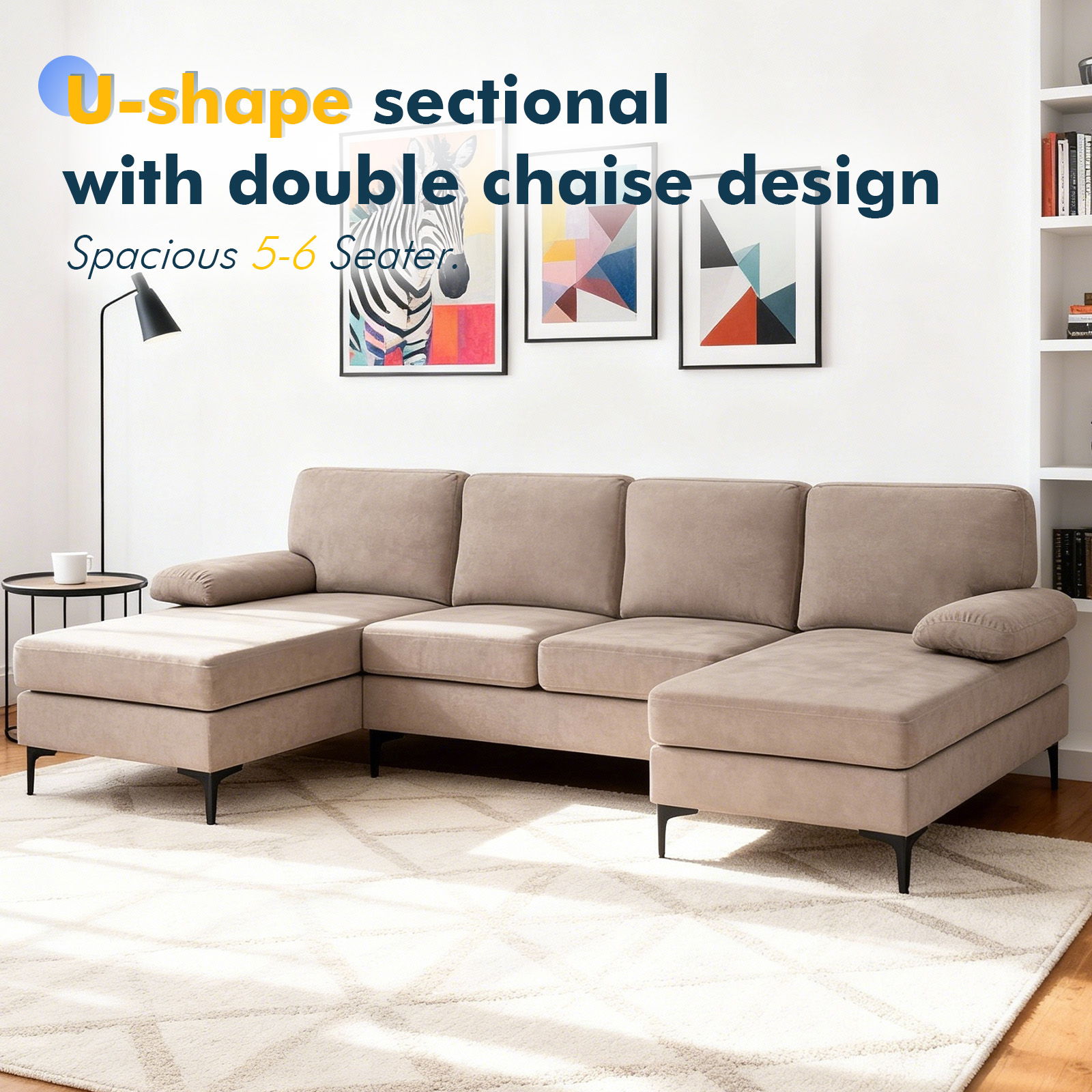 MOONMISS U-Shaped 4 Seats Sectional Sofa with Chaise for Living room, Brown