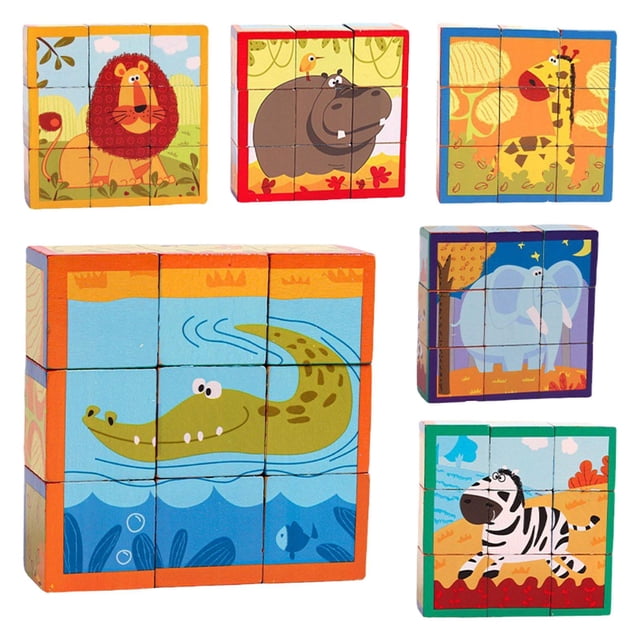 Bloques de rompecabezas de dibujos animados de madera Actividades de aprendizaje Montessori Habilidad 5 tarjetas Clasificador de