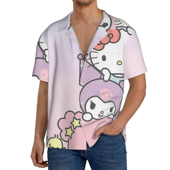 Saiise Sanrio B Mens Front Pocket Hawaiian Shirts Casual Floral Shirts Short Sleeve Button Down Beach Tropical Shirts