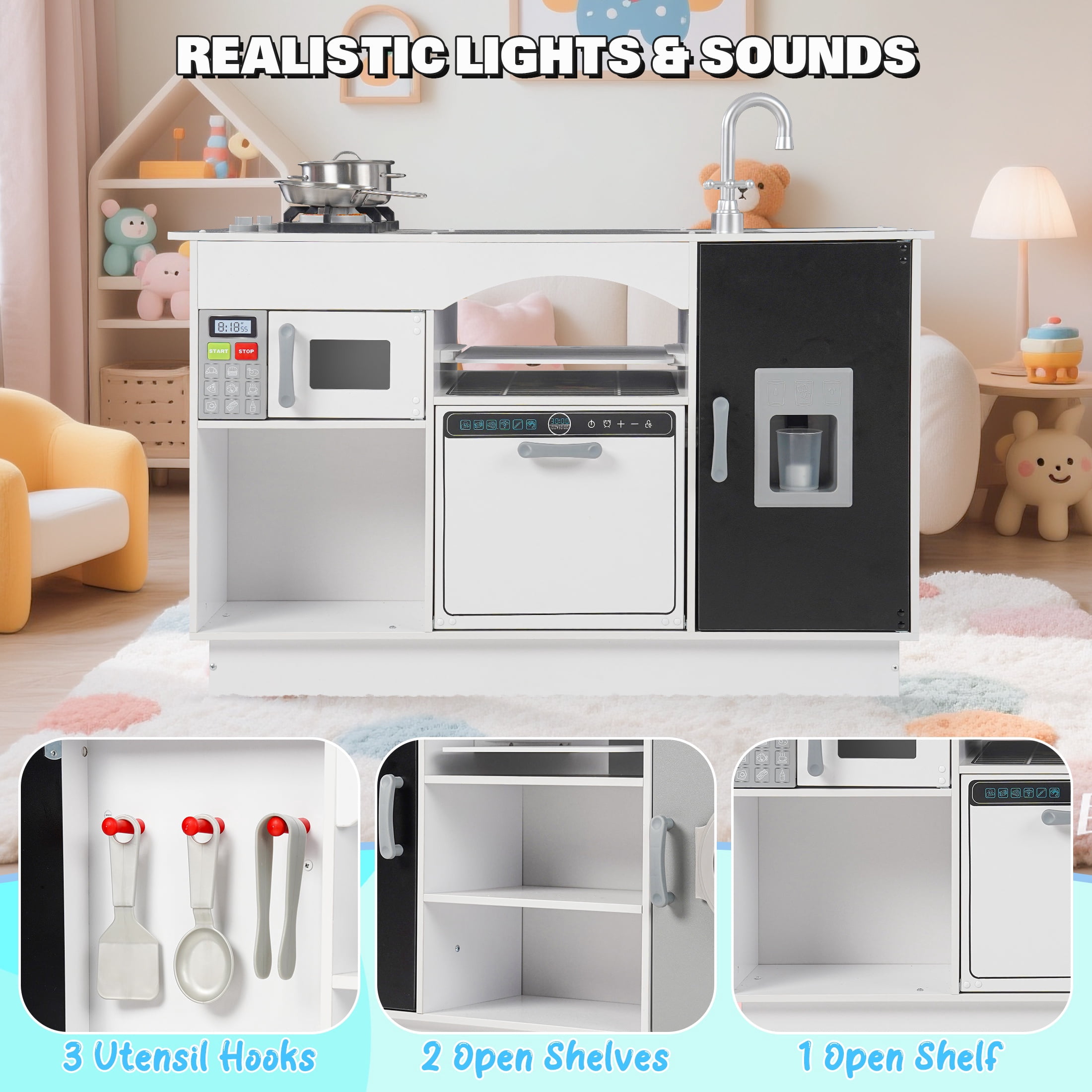 iYofe Play Kitchen Sets for Kids Ages 2+, Wood Kids Kitchen Playset for Toddlers with Real Lights & Sounds, Pretend Play Toys Kitchen with Cookware Accessories, White