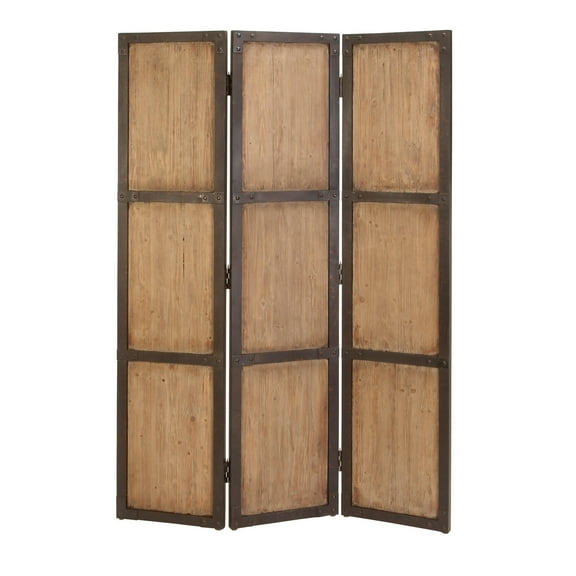 DecMode 48" x 71" Brown Wood Hinged Foldable Partition 3 Panel Room Divider Screen with Solid Wood Panels, 1-Piece