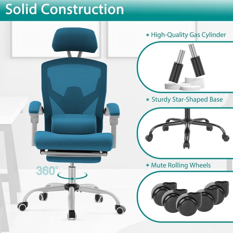 Kelno Ergonomic Office Chair High Back Reclining Swivel Desk Chair Retractable Footrest, Blue