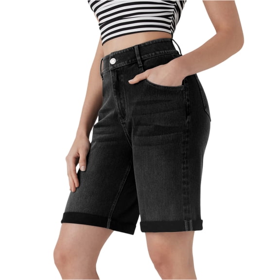 Yifymode Women's High Waisted Stretchy Bermuda Jean Shorts, Loose Straight Leg Rolled Hem Denim Shorts,Black 2XL