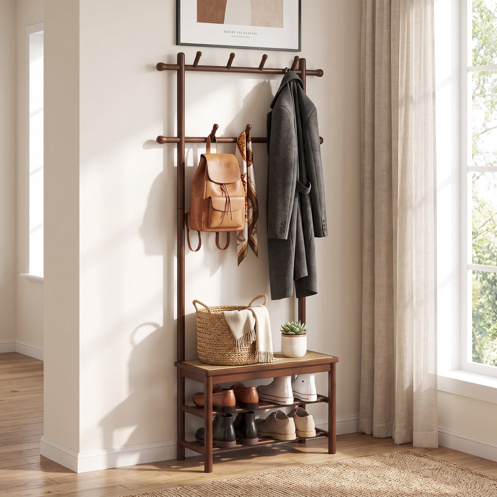 Furnibear 3 in 1 Bamboo Hall Tree Coat Rack with Bench and Shoe Storage and 11 Hooks for Entryway and Foyer and Hallway, Brown
