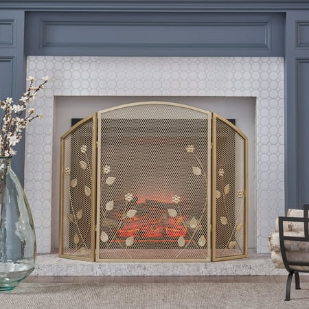 

Noble House Yareli Modern Iron Firescreen with Leaf Accents Gold Finish