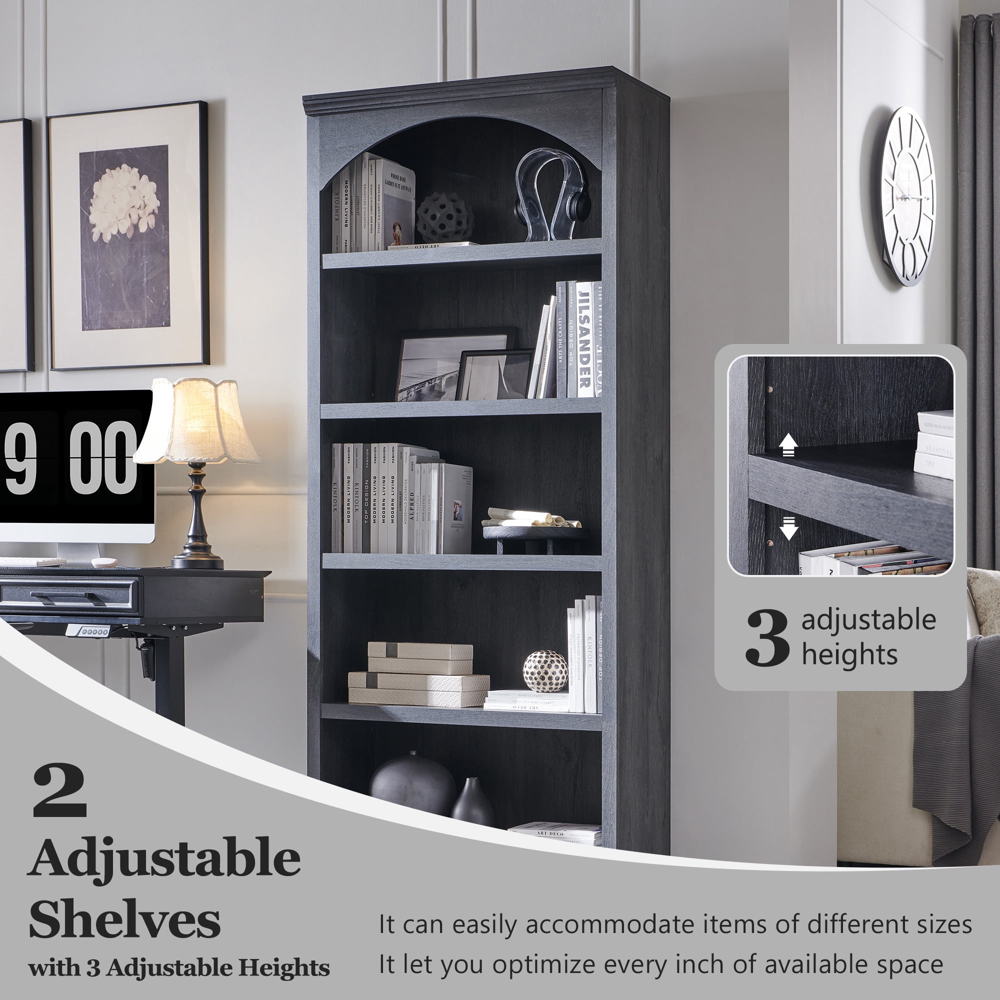 SinCiDo Tall Arched Bookcase, 5-Tier Large Bookshelf with Open Display Shelves for Living Room, Grey