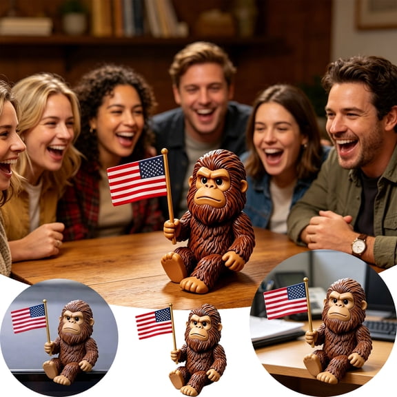 AURIGATE 3.15in Resin Bigfoot Patriotic Ornament, Cute Sasquatch with American Flag Desk Decor, Funny 4th of July Collectible Figurine
