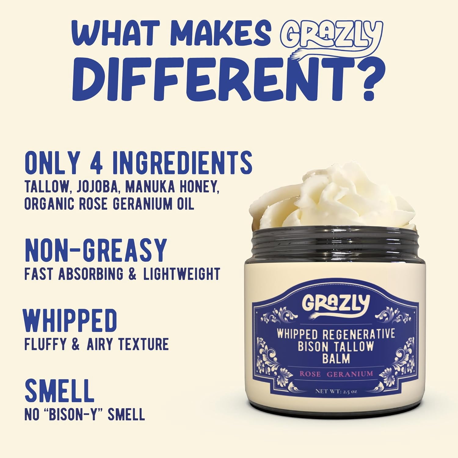 Grazly Rose Whipped Bison Tallow Balm with Manuka Honey & Jojoba Oil - Grass-Fed & Finished Organic Tallow Face Moisturizer - Face & Body Cream for Acne-Prone Skin - Nourishing Skincare - 2.5oz