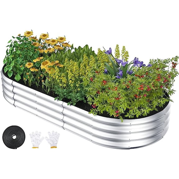 Raised Garden Bed, Younik 6x3x1ft Oval Galvanized Raised Garden Beds with Safety Edging and Gloves for Outdoor Plant Vegetables, Flower, Silver