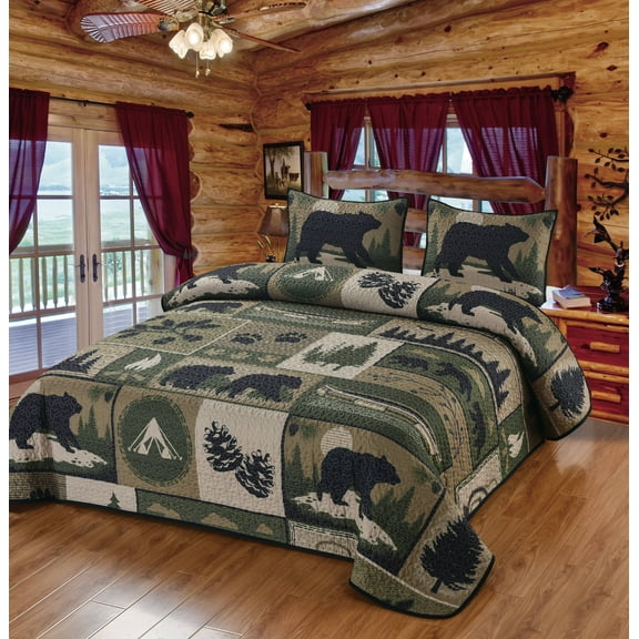 Bear Camp Patchwork Black Bear Woodland Forest Camping Outdoors Themed Decorative Quilt Bedding Set / Size: Queen Quilt   2 Standard Pillow Shams