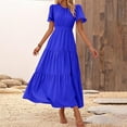 thumbnail image 3 of Women's Summer Casual Short Flutter Sleeve Round Neck Smocked Waist Tiered Boho Flowy Maxi Dress Blue M, 3 of 4