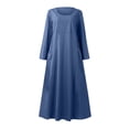 thumbnail image 4 of Robes Mode Femme Manches Longues Couleur Unie Coton Lin Col Rond Robe avec Poches Combinaison Robe en Liquidation, 4 of 5