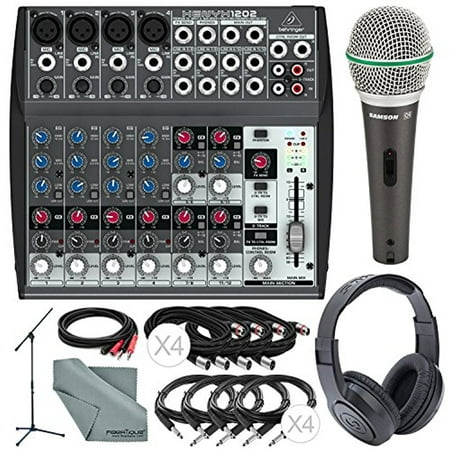 Behringer XENYX 1202 12 Channel Audio Mixer and Platinum Bundle w/ Samson Dynamic Mic + Closed-Back Headphones + Full-Size Mic Stand +