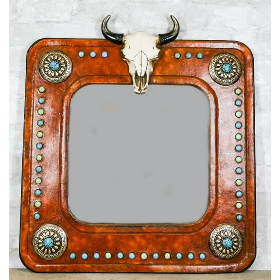 Rustic Western Bull Cow Skull And Turquoise Silver Conchos Faux Leather Mirror