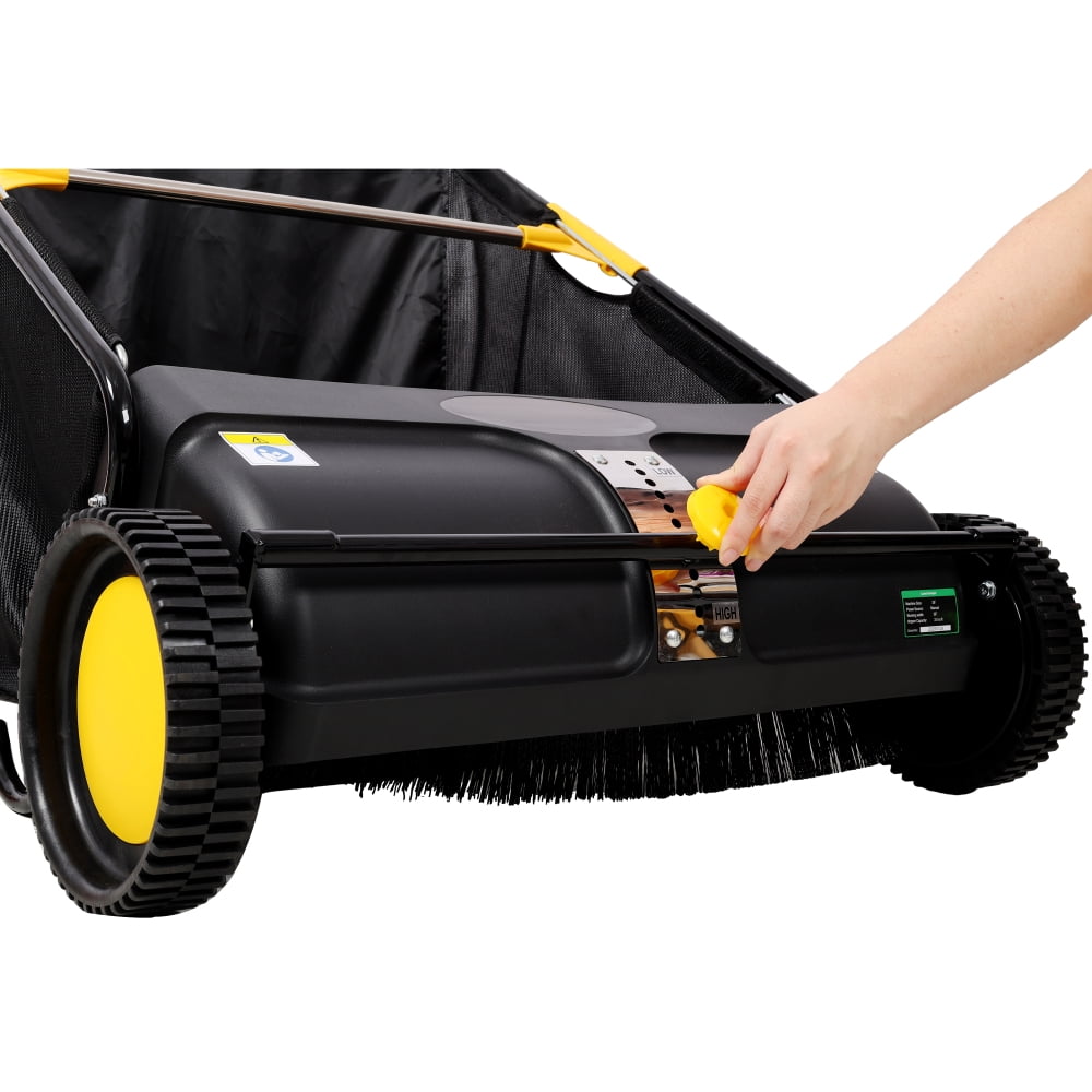 Black 26‑Inch Hand Push Lawn Sweeper with Adjustable Brush Height 7 Cu. Ft Large‑Capacity Hopper Bag Leaf & Grass Collector for Yard & Garden