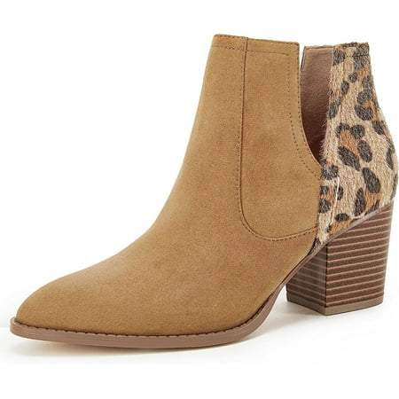 

Womens Ankle Boots Slip On Cutout Pointed Toe Snakeskin Chunky Stacked Mid Heel Booties