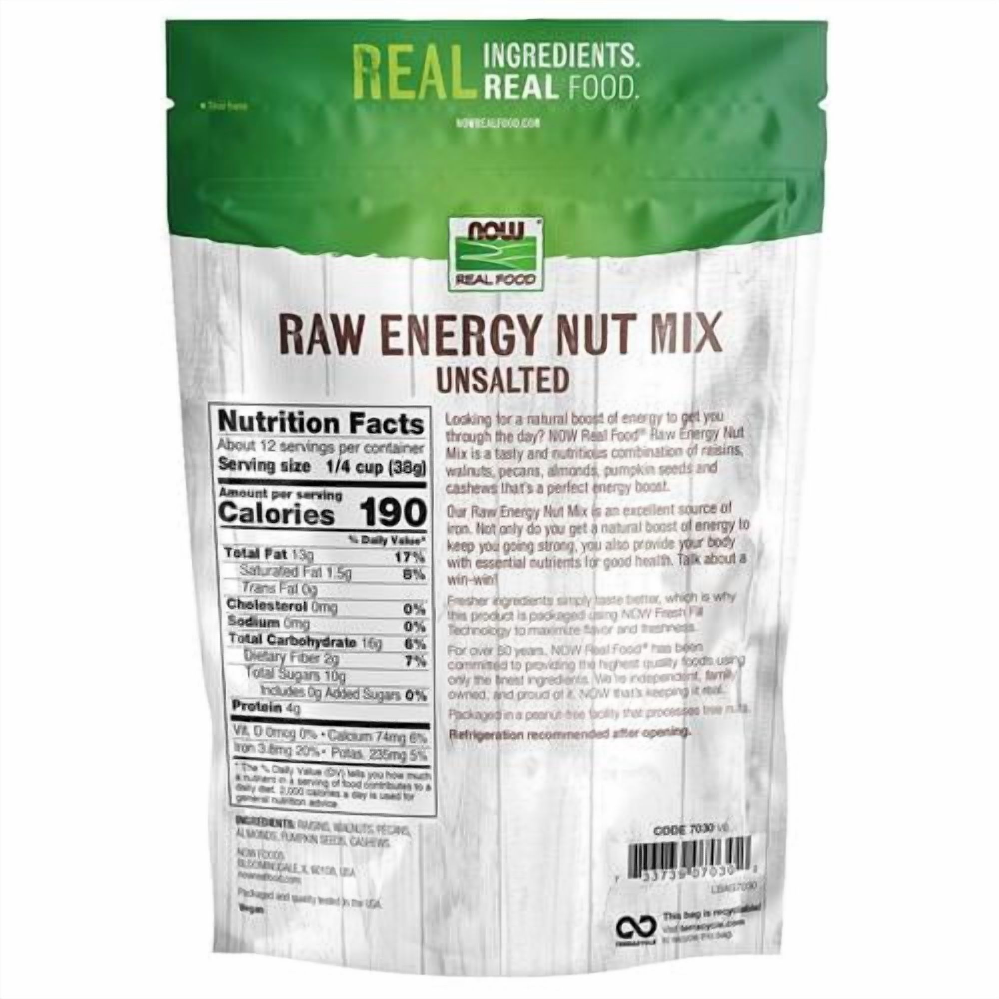 Now Foods, Raw Energy Nut Mix, Unsalted Mix Of Raisins, Walnuts, Peacans, Almonds, Pumpkin Seeds And Cashews, Great-Tasting, Source Of Iron, 16-Ounce () - Pack of 2