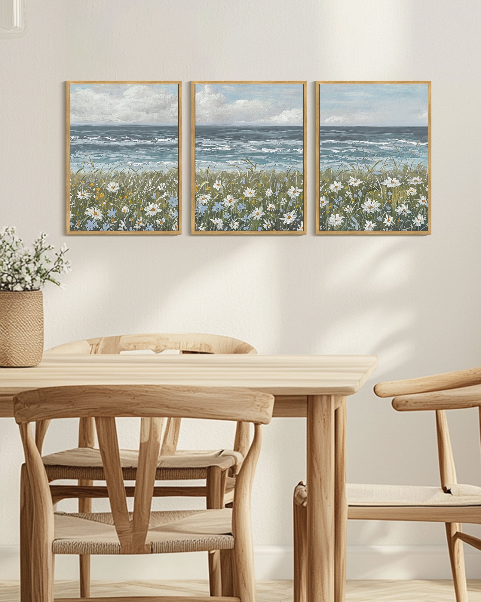 Drsoum Vintage Landscape Wall Art Sea Coastal Wildflower Field Scenery Farmhouse Decor Retro Painting for Living Room Bedroom 12x16in3pcs Brown Framed