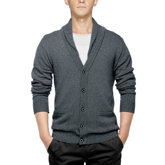 Matchstick Men's V-Neck Shawl Collar Button-up Cardigan Cotton Knitted Sweater with Pockets