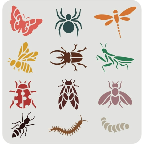 1pc Butterfly Dragonfly Stencil 11.8x11.8 inch Bee Ant Spider Worm Cockroach 12 Patterns Animal Stencil Reusable Large Stencils for Painting on Wall Art Wood Sign Furniture Decoration White DIY