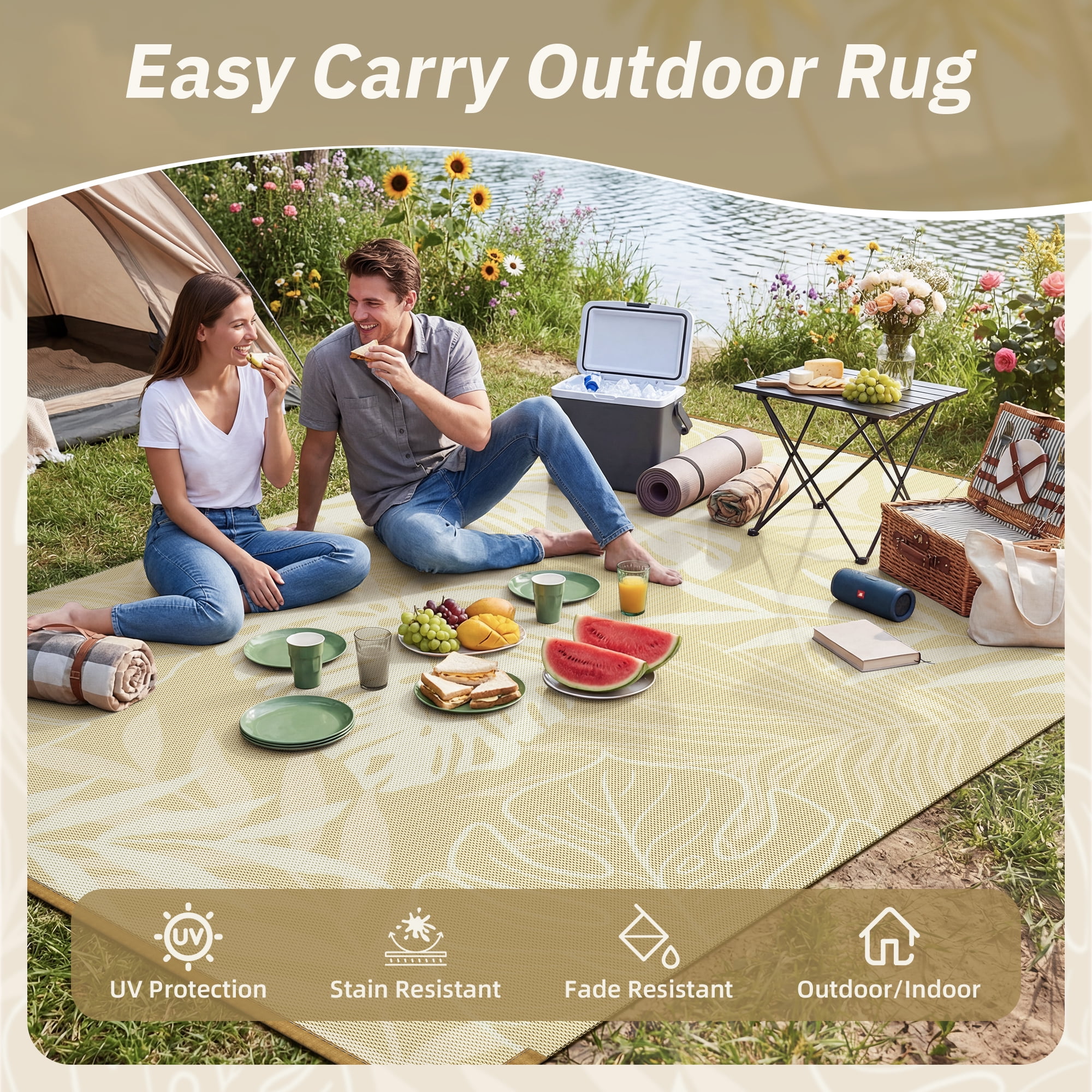 SIXHOME Outdoor Rug 5'x8' Waterproof Reversible Patio Rug Boho Geometric Indoor Outdoor Rugs Lightweight Plastic Straw Ourdoor Carpet for RV Camping Deck Balcony Modern Porch Decor Beige