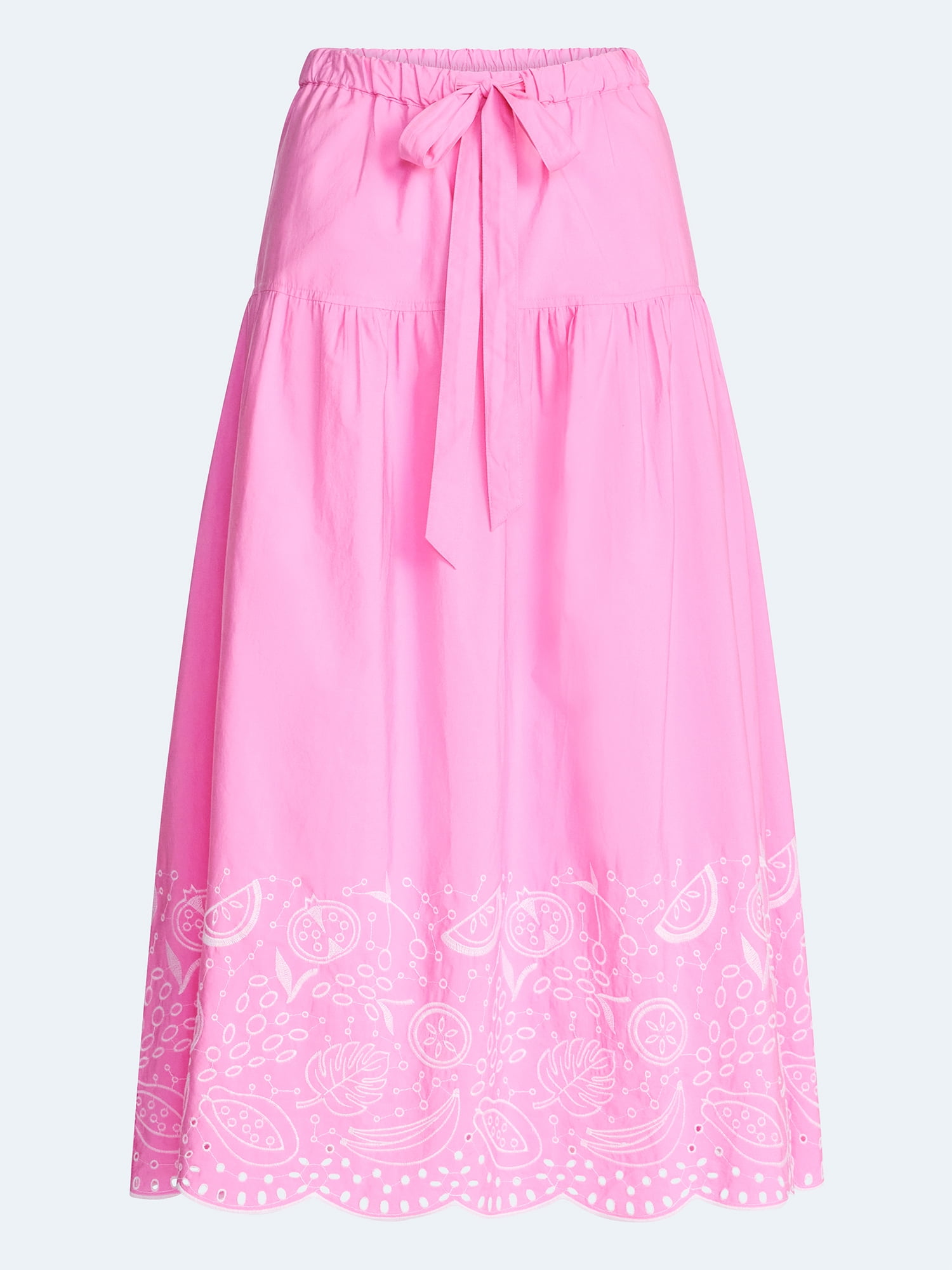 Free Assembly Women's Tie Waist Embroidered Cotton Midi Skirt, Sizes XS-XXL