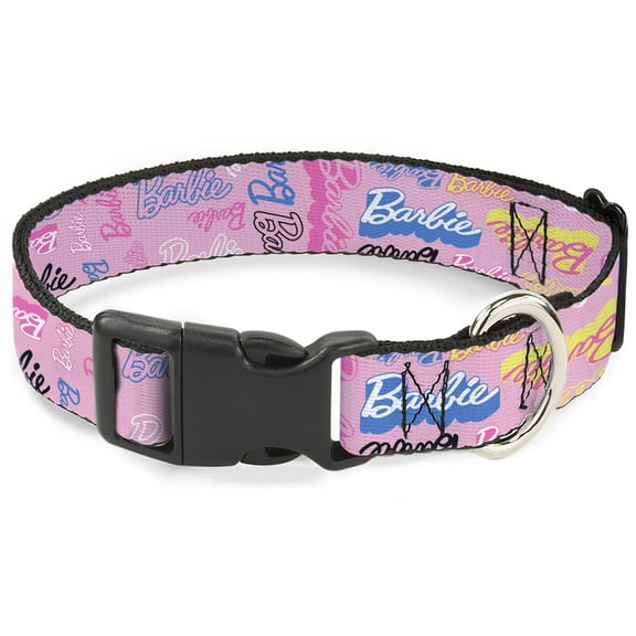 Mattel Pet Collar, Dog Collar Plastic Buckle, Barbie Script Signature Collage Pink Multi Color, 7 to 8.5 Inches 0.5 Inch Wide