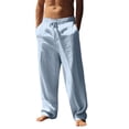 thumbnail image 2 of Dwellite Mens Casual Linen Pant Cotton Lightweight Loose Fit Drawstring Elastic Waist Pocket Straight Legs Summer Beach Yoga Light Blue L, 2 of 4