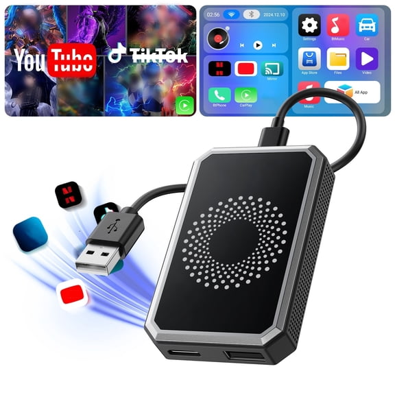 LAMTTO 3-in-1 AI Box, Wireless Carplay Android Auto Adapter Support Online Video App, Dual WiFi & Plug and Play for OEM Wired Car Play Cars(2016-2024)