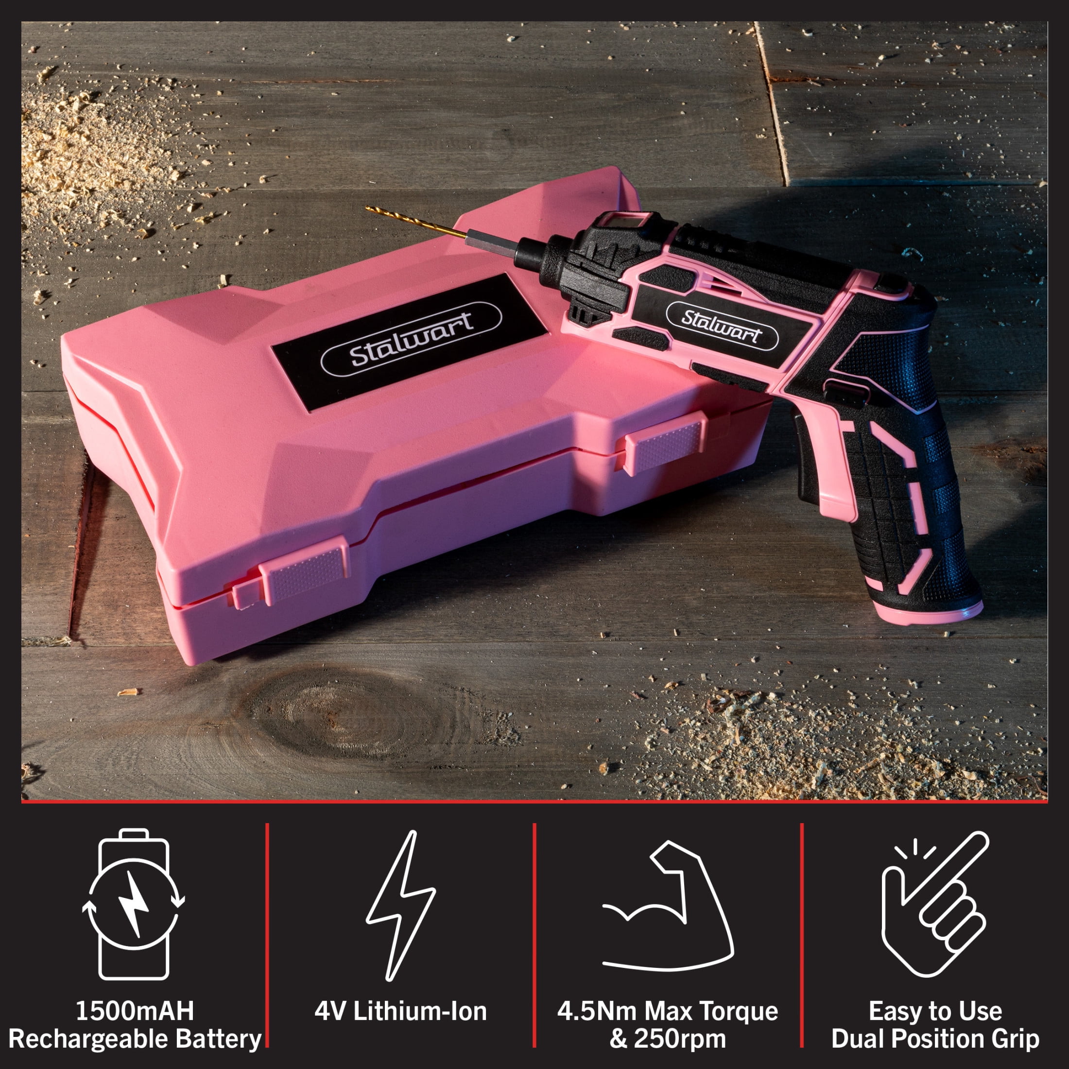 Stalwart Cordless Electric Screwdriver 45pc Set with 2 Position Grip, Pink