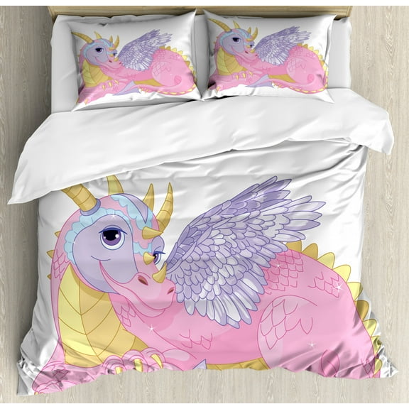 Cartoon Duvet Cover Set, Illustration of Lady Dragon Mythical Fantasy Animal, Decorative 3 Piece Bedding Set with 2 Pillow Shams, King Size, Pale Pink Lavender, by Ambesonne