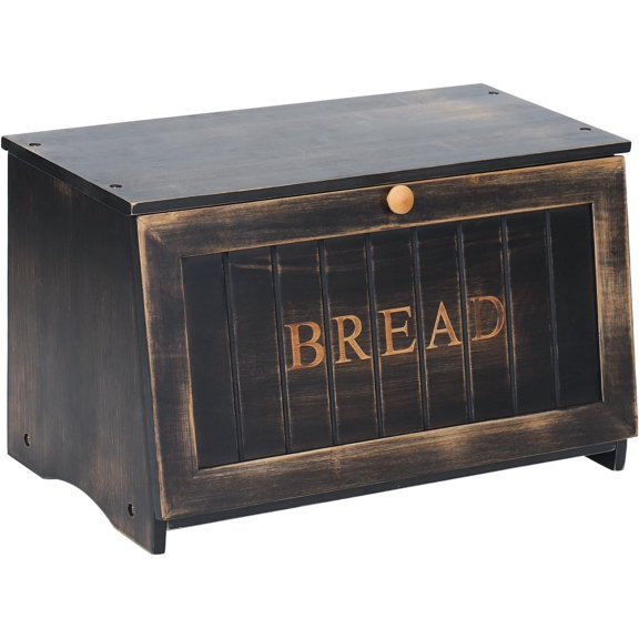 Large Wood Bread Box for Kitchen Counter, Retro Design Single Layer Bamboo Large Capacity Food Storage Bin (Vintage Black)
