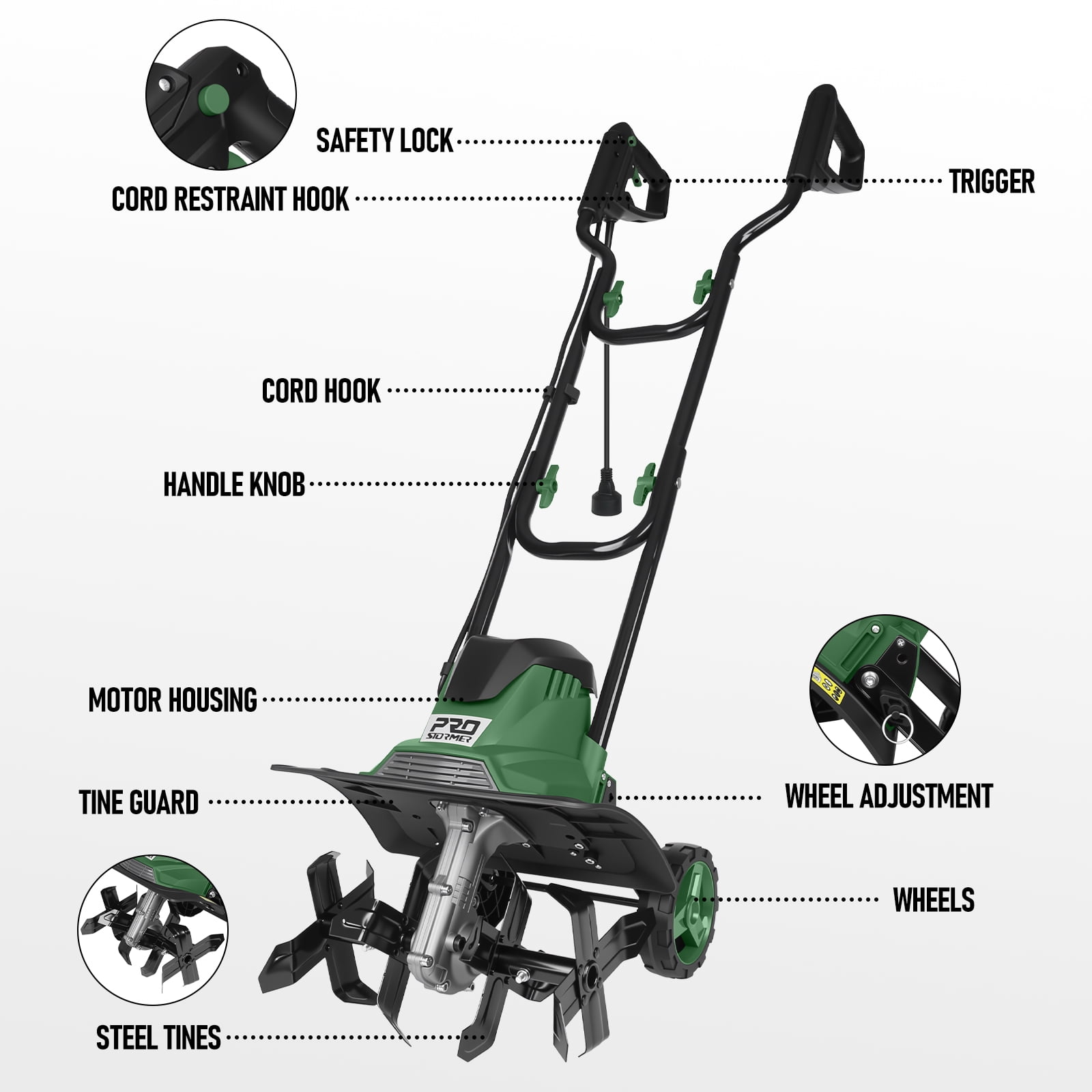 PROSTORMER Electric Tiller, 14 inch 10 A Horticultural Rope Tiller with Foldable Handle, Garden Rotary Tiller with Wheels
