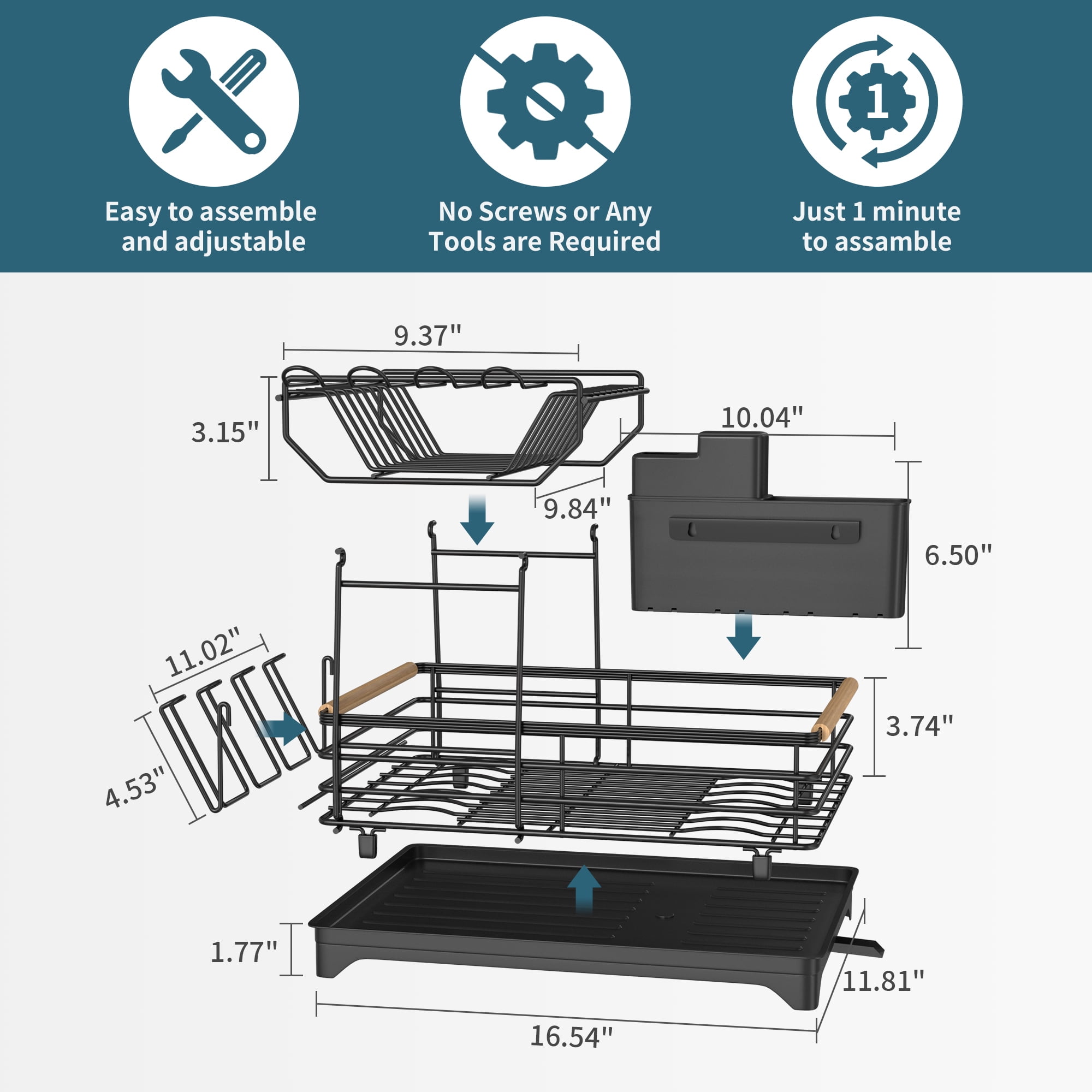 Innovaze Metal Dish Drying Rack, 2 Tier Compact Dish Rack w/Bamboo Holder for Kitchen Counter, Black