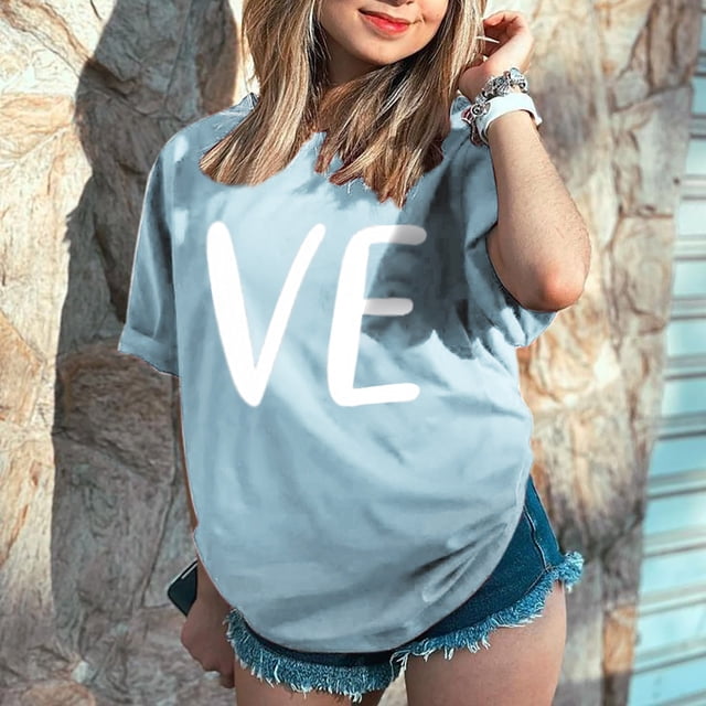 Hot Sale!! T-Shirts de la Saint-Valentin pour Femmes Imprimés Graphiques Mignons Léopard Cœur T-Shirts Décontractés Manches Courtes Col Rond Bleu Clair + L
