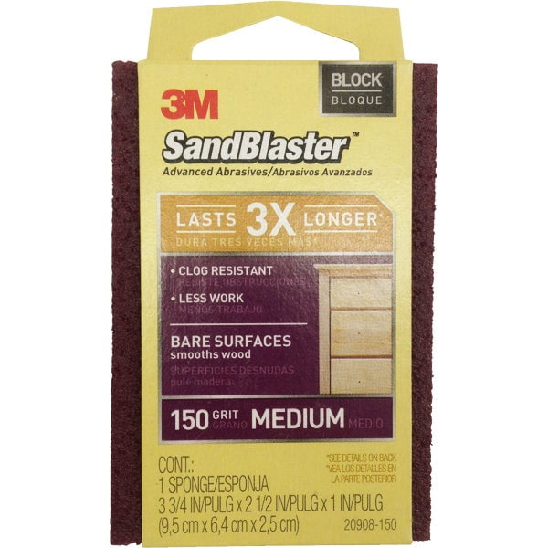 3M SandBlaster 20908-150 Sanding Sponge, 150-Grit, Aluminum Oxide, Foam Backing