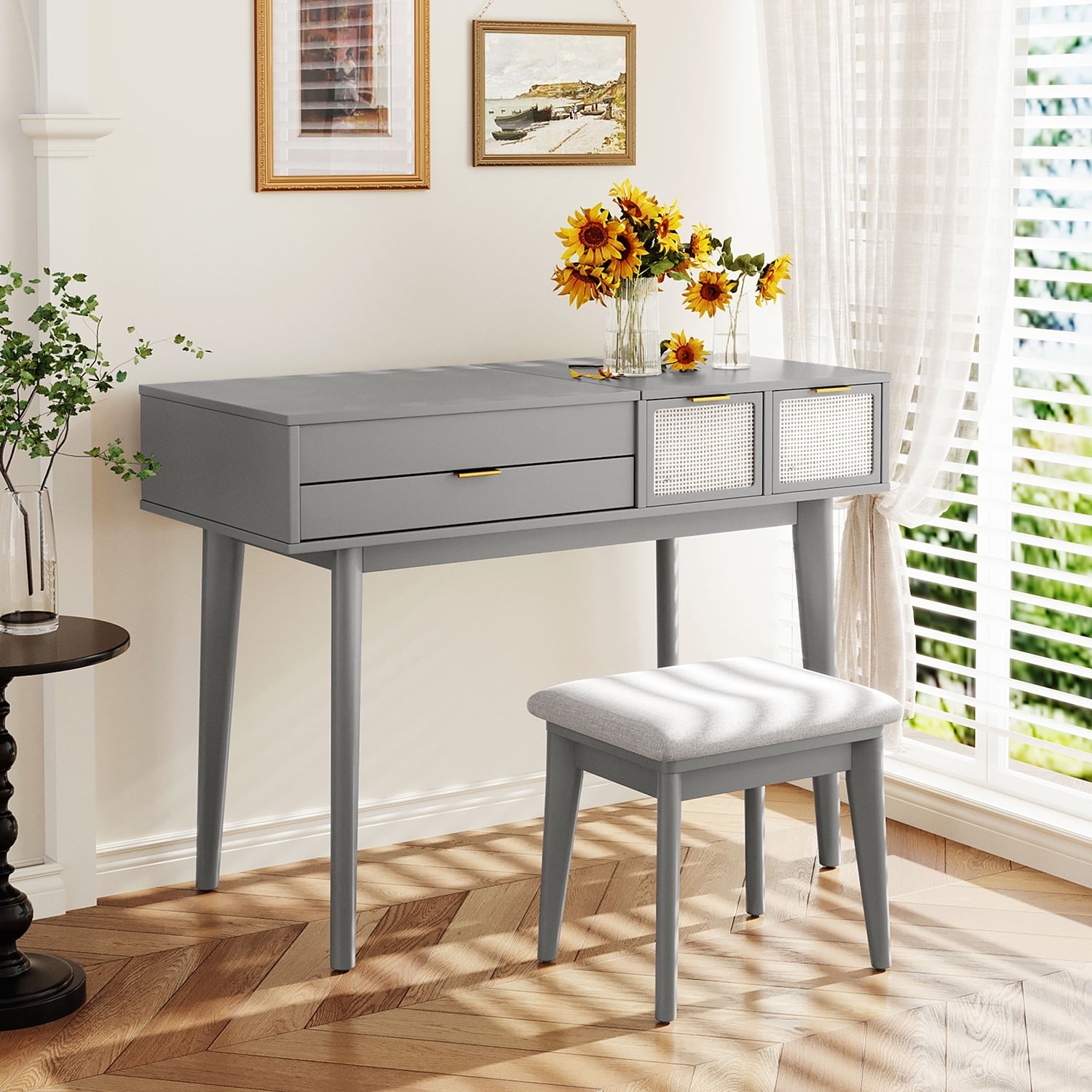 Resenkos 43.3" Classic Wood Makeup Vanity Set with Flip-top Mirror and Stool, Dressing Table with 3 Drawers, Gray Resenkos 43.3" Classic Wood Makeup Vanity Set with Flip-top Mirror and Stool, Dressing Table with 3 Drawers, Gray