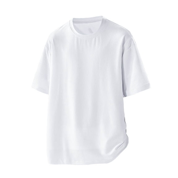 Cotton T-Shirts for Men Ribbed Knit Loose Fit Short Sleeve Workout Tops Sports Casual Crewneck Basic Tees (XL, White)