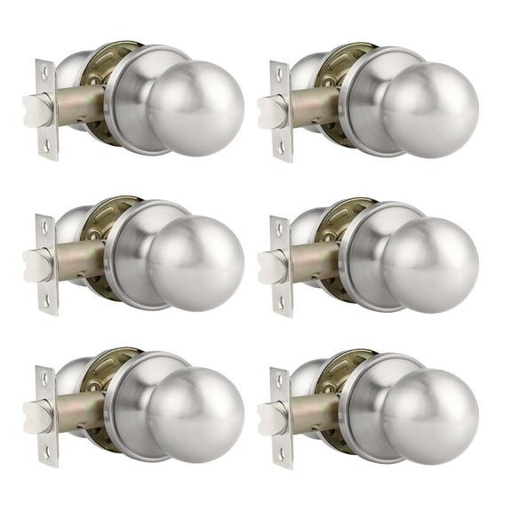 Knobelite (6 Pack) Hall / Closet Room Round Door Knob, Passage Function for Hall / Closet, Interior Door Lock Handle Satin Nickel Finish, Keyless (Non-Locking Knobs) Interior Door Handles Locks