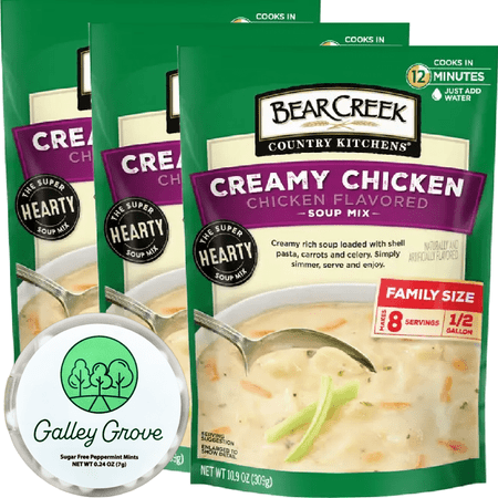 Bear Creek Creamy Chicken Dry Soup Mix Just Add Water Bundle, 3-Pack, Bulk Pre-Packaged, Cooks In 12 Minutes, 24 Servings With Galley Grove Sugar Free Breath Mints