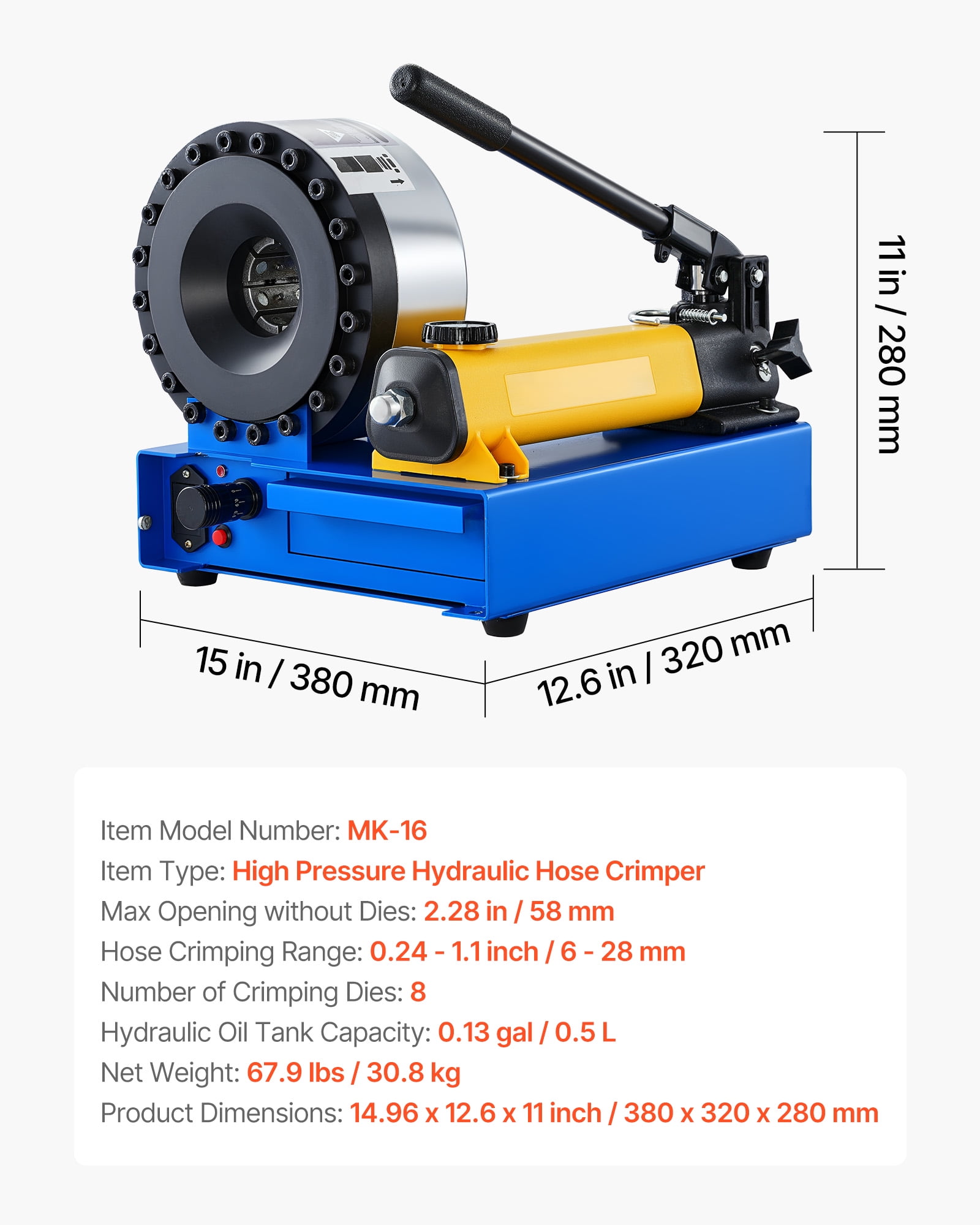 VEVOR High Pressure Hydraulic Hose Crimper, Manual Hose Crimping Tool with 8 Dies & 0.24"-1.1" Crimping Range, Suitable for Low & High-Pressure Oil Pipes, Gas/Water/Auto AC Hoses & Cable Joints