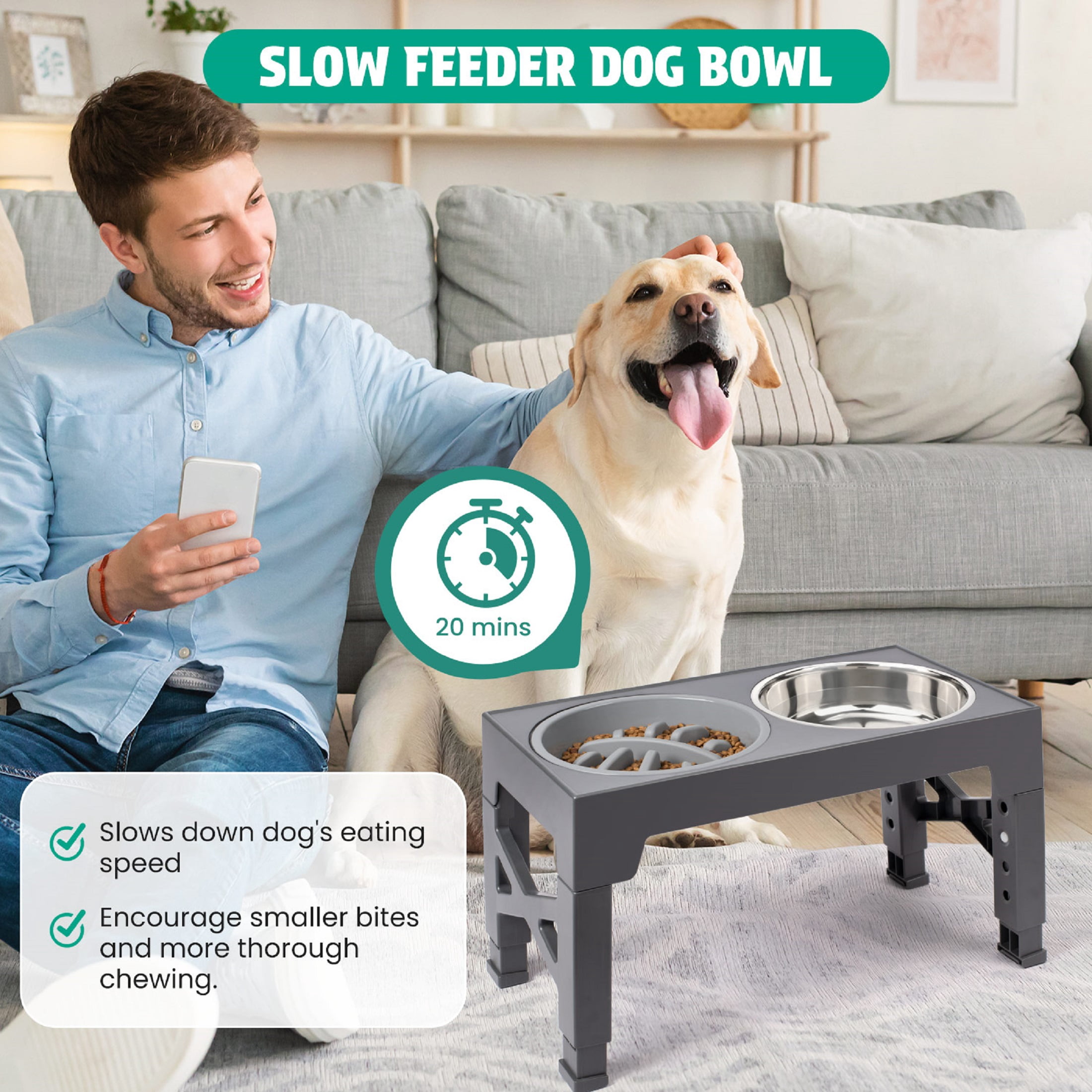 Elevated Dog Bowls - 5 Adjustable Heights Stand, 2 Stainless Steel Bowls & 1 Slow Feeder, for Small to Large Dogs, Gray