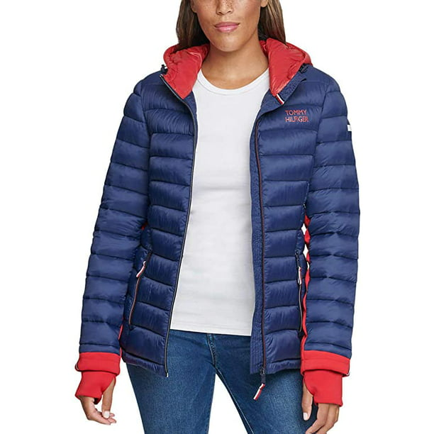 Tommy Hilfiger Women's Hooded Puffer Navy/Crimson, Large - NEW -